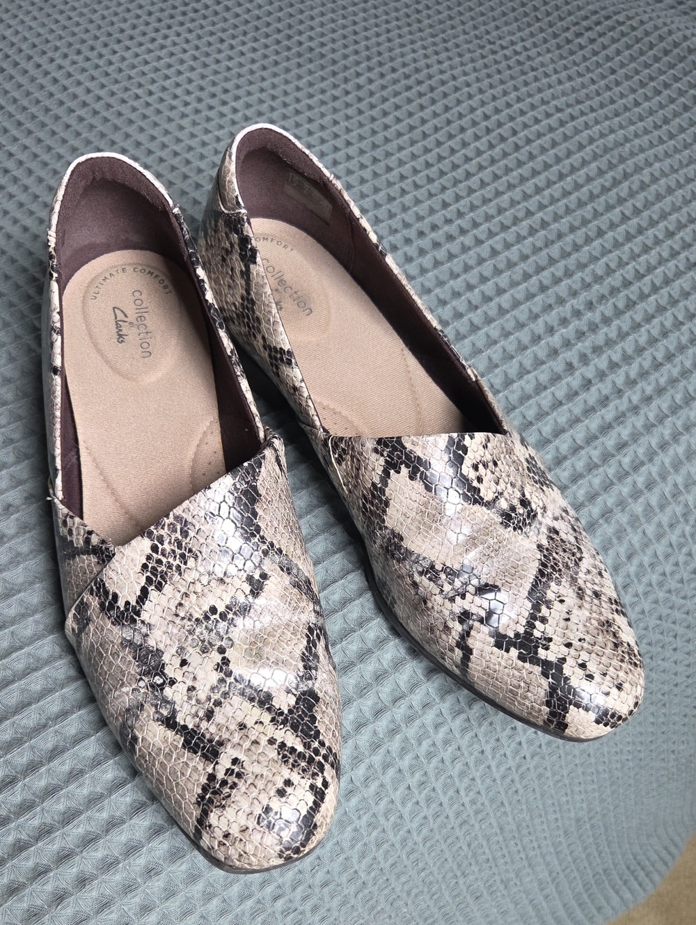 Clarks Taupe Snake-Print Leather Flats
